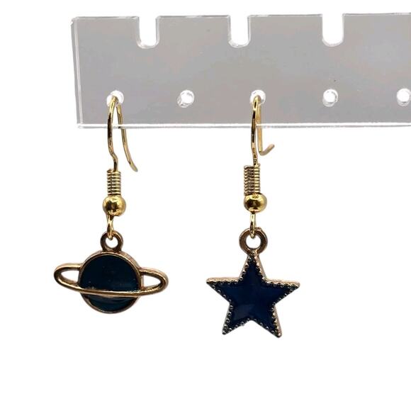 Planet Star Earrings Pierced Dangle Acrylic Blue Teal Gold Tone Setting - Picture 4 of 5